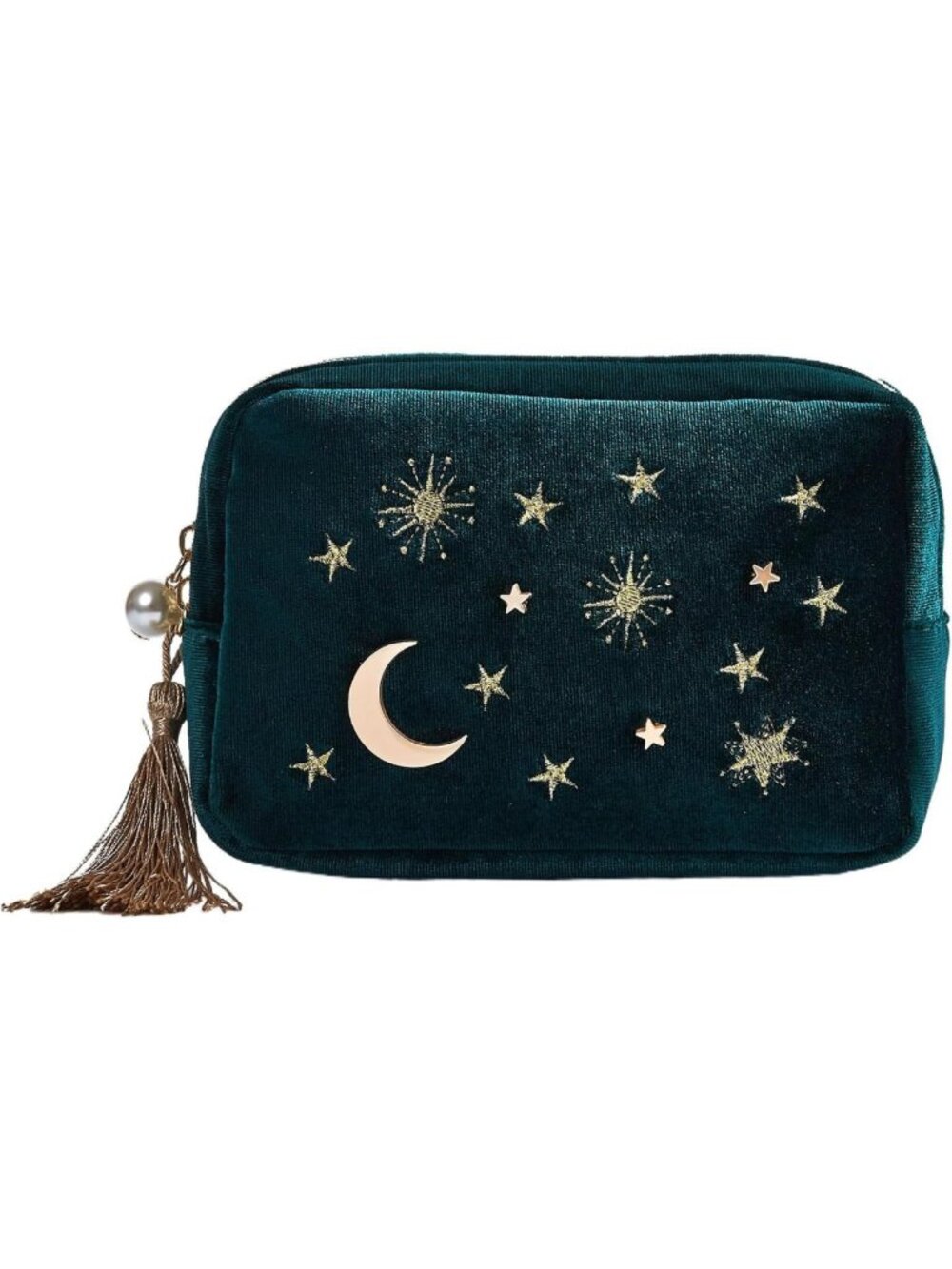 Velvet Moon & Stars Cosmetic Bag with Tassels | Travel Makeup & Toiletry Pouch